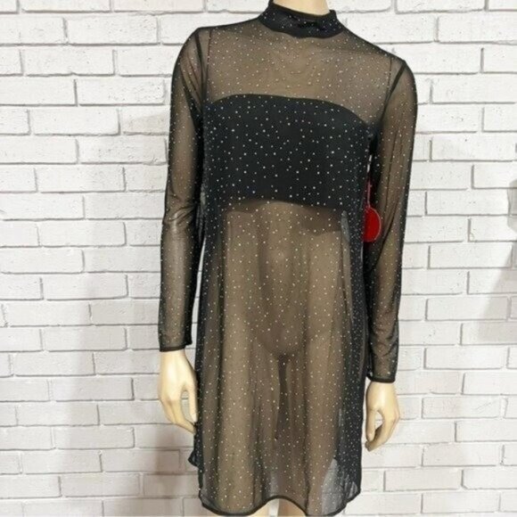 Eva Franco Long‑Sleeve Sheer Mesh Rhinestone Tunic Top, Size M — Statement Layer - Picture 15 of 16